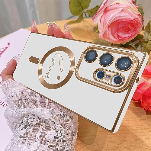 Bonoma for Samsung Galaxy S23 Ultra Magnetic Case Compatible with MagSafe, Luxury Plating Bling Love Heart Pattern Transparent Shockproof Case with Raised Full Camera Lens Protection-White