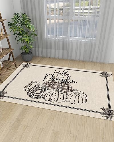 Thanksgiving Fall Large Rectangular Area Rugs 5' x 7' Living Room, Boho Polka Dot Pumpkin Black Gingham Durable Non Slip Rug Carpet Floor Mat for Bedroom Bedside Outdoor