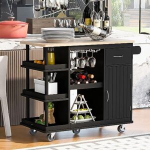 kitchen island cart, kitchen carts on wheels with storage, moveable multipurpose kitchen island cabinet with shelves, countertop, wine rack for dining room, home, bar, black