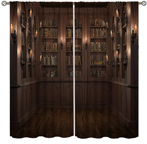 Bookshelf Blackout Curtains,Vintage Literature Books On Bookcase Rod Pocket Thermal Insulated Drapes 42x63in