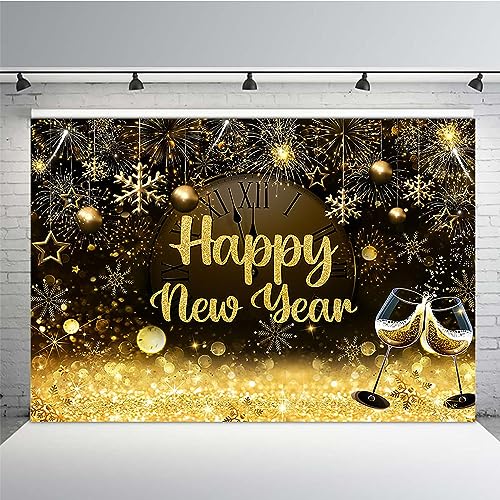 Mehofond 7x5ft Happy New Year Black and Gold Backdrop Countdown 2024 New Year Eve Snowflake Gold Gliter Background Champagne Party Banner Decoration Supplies Photo Booth Props