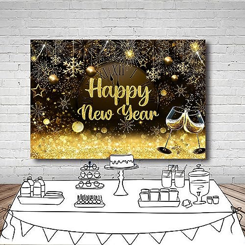 Mehofond 7x5ft Happy New Year Black and Gold Backdrop Countdown 2024 New Year Eve Snowflake Gold Gliter Background Champagne Party Banner Decoration Supplies Photo Booth Props