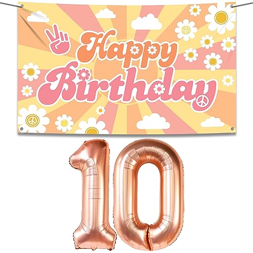 KatchOn, Huge Rose Gold Number 10 Balloon - Pack of 3 | Foil 10 Balloon Number, Groovy Backdrop | Groovy Birthday Banner for 10th Birthday Decorations for Girl and Groovy Party Decorations