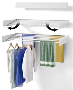 wall mounted drying rack, 31.5" wide, 13.2 linear ft, 100% aluminum rods space saving clothes drying rack with wall template for indoor & outdoor organization, 60 lb capacity (white 31.5" medium)