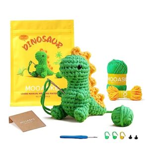 mooaske crochet kit for beginners with crochet yarn - beginner crochet kit for adults with step-by-step video tutorials - crochet kits model dinosaur