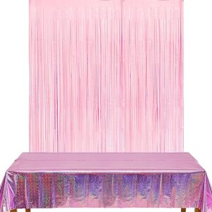 greatril pastel pink foil fringe curtains 2 packs and pink party table cloths 2 packs for party backdrop decorations