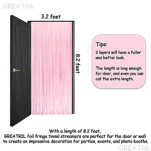 GREATRIL Pastel Pink Foil Fringe Curtains 2 Packs and Pink Party Table Cloths 2 Packs for Party Backdrop Decorations