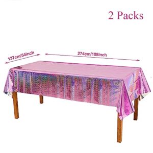 GREATRIL Pastel Pink Foil Fringe Curtains 2 Packs and Pink Party Table Cloths 2 Packs for Party Backdrop Decorations