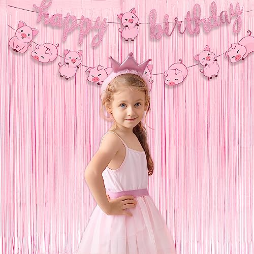 GREATRIL Pastel Pink Foil Fringe Curtains 2 Packs and Pink Party Table Cloths 2 Packs for Party Backdrop Decorations