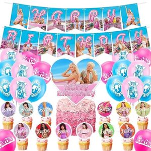 party decoration suitable for barbie theme party, party supply include banner, balloons, cake topper and cupcake topper for kids birthday suitable for barbie movie theme birthday decoration