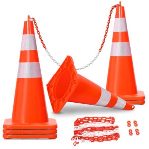 yitahome traffic cones 28 inch (6 pack), with 16.4ft chain and reflective collars, pvc orange construction cones, safety cones for parking lot, home road
