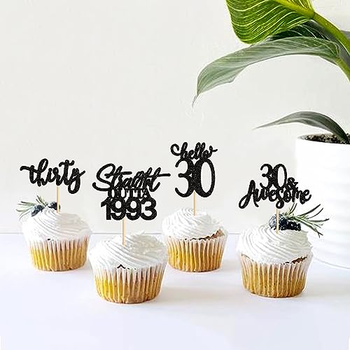 Keaziu 24 Pack Straight Outta 1993 Cupcake Toppers Happy 30th I'm 30 Cupcake Toppers Thirty Cupcake Toppers 30 Years Birthday Party Decoration Supplies | black 1993 2