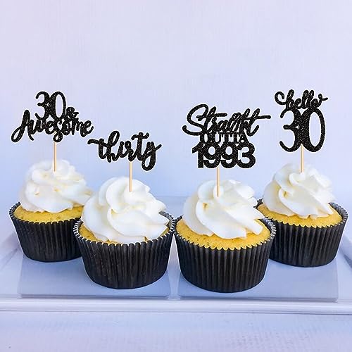 Keaziu 24 Pack Straight Outta 1993 Cupcake Toppers Happy 30th I'm 30 Cupcake Toppers Thirty Cupcake Toppers 30 Years Birthday Party Decoration Supplies | black 1993 2