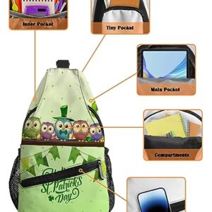 Sling Backpack, St. Patrick's Day Owls Banners Balloons Green Waterproof Lightweight Small Sling Bag, Travel Chest Bag Crossbody Shoulder Bag Hiking Daypack for Women Men