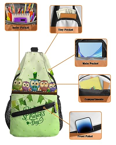 Sling Backpack, St. Patrick's Day Owls Banners Balloons Green Waterproof Lightweight Small Sling Bag, Travel Chest Bag Crossbody Shoulder Bag Hiking Daypack for Women Men