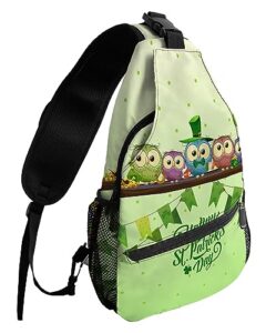 sling backpack, st. patrick's day owls banners balloons green waterproof lightweight small sling bag, travel chest bag crossbody shoulder bag hiking daypack for women men
