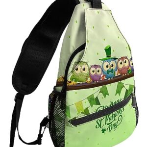 Sling Backpack, St. Patrick's Day Owls Banners Balloons Green Waterproof Lightweight Small Sling Bag, Travel Chest Bag Crossbody Shoulder Bag Hiking Daypack for Women Men