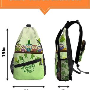 Sling Backpack, St. Patrick's Day Owls Banners Balloons Green Waterproof Lightweight Small Sling Bag, Travel Chest Bag Crossbody Shoulder Bag Hiking Daypack for Women Men