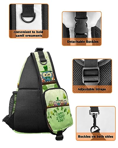 Sling Backpack, St. Patrick's Day Owls Banners Balloons Green Waterproof Lightweight Small Sling Bag, Travel Chest Bag Crossbody Shoulder Bag Hiking Daypack for Women Men