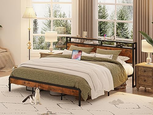 IRONCK California King Bed Frames, Platform Bed with Storage Headboard and Charging Station, Heavy Duty Metal Slats, Noise Free, Easy Assembly, Vintage Brown