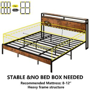 IRONCK California King Bed Frames, Platform Bed with Storage Headboard and Charging Station, Heavy Duty Metal Slats, Noise Free, Easy Assembly, Vintage Brown