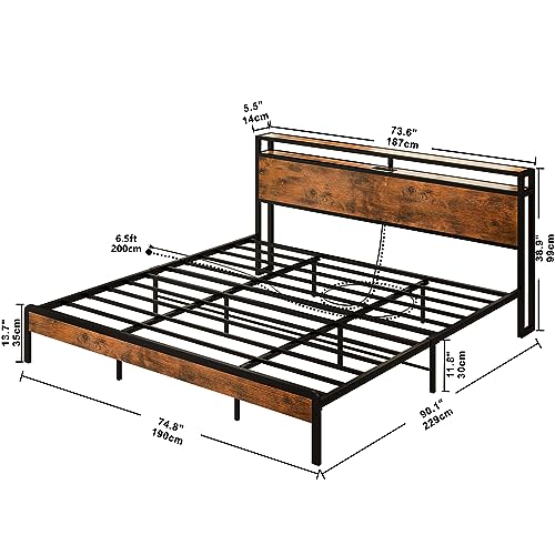 IRONCK California King Bed Frames, Platform Bed with Storage Headboard and Charging Station, Heavy Duty Metal Slats, Noise Free, Easy Assembly, Vintage Brown