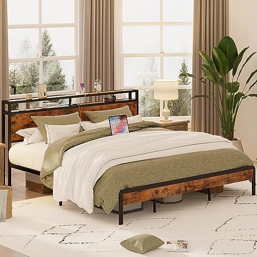 IRONCK California King Bed Frames, Platform Bed with Storage Headboard and Charging Station, Heavy Duty Metal Slats, Noise Free, Easy Assembly, Vintage Brown