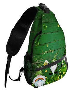 sling backpack, st.patrick's day shamrocks gnome green wood grain waterproof lightweight small sling bag, travel chest bag crossbody shoulder bag hiking daypack for women men