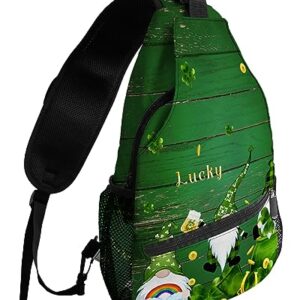 Sling Backpack, St.Patrick's Day Shamrocks Gnome Green Wood Grain Waterproof Lightweight Small Sling Bag, Travel Chest Bag Crossbody Shoulder Bag Hiking Daypack for Women Men