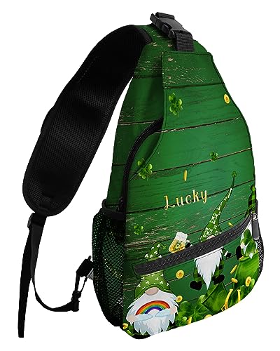 Sling Backpack, St.Patrick's Day Shamrocks Gnome Green Wood Grain Waterproof Lightweight Small Sling Bag, Travel Chest Bag Crossbody Shoulder Bag Hiking Daypack for Women Men