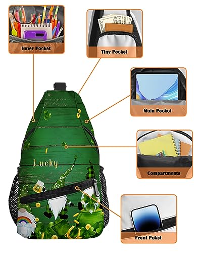 Sling Backpack, St.Patrick's Day Shamrocks Gnome Green Wood Grain Waterproof Lightweight Small Sling Bag, Travel Chest Bag Crossbody Shoulder Bag Hiking Daypack for Women Men