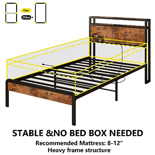 IRONCK Twin Bed Frames for Kids, Platform Bed with Storage Headboard and Charging Station, Heavy Duty Metal Slats, Noise Free, Easy Assembly, Vintage Brown