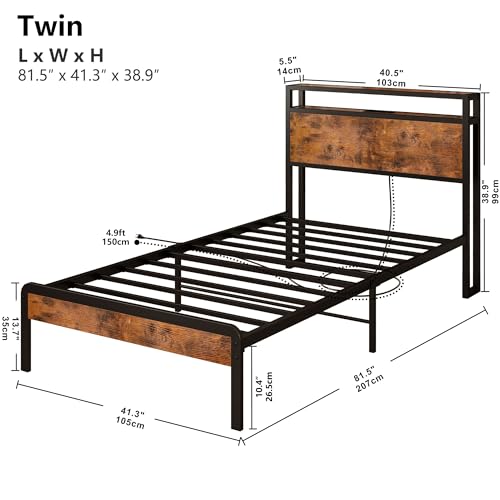 IRONCK Twin Bed Frames for Kids, Platform Bed with Storage Headboard and Charging Station, Heavy Duty Metal Slats, Noise Free, Easy Assembly, Vintage Brown
