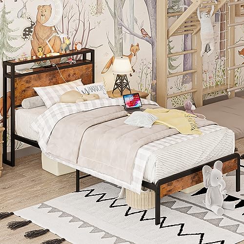 IRONCK Twin Bed Frames for Kids, Platform Bed with Storage Headboard and Charging Station, Heavy Duty Metal Slats, Noise Free, Easy Assembly, Vintage Brown