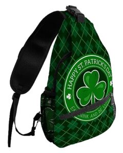 sling backpack, st patrick day shamrock green checker plaid waterproof lightweight small sling bag, travel chest bag crossbody shoulder bag hiking daypack for women men