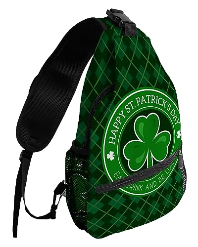 Sling Backpack, St Patrick Day Shamrock Green Checker Plaid Waterproof Lightweight Small Sling Bag, Travel Chest Bag Crossbody Shoulder Bag Hiking Daypack for Women Men