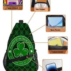 Sling Backpack, St Patrick Day Shamrock Green Checker Plaid Waterproof Lightweight Small Sling Bag, Travel Chest Bag Crossbody Shoulder Bag Hiking Daypack for Women Men