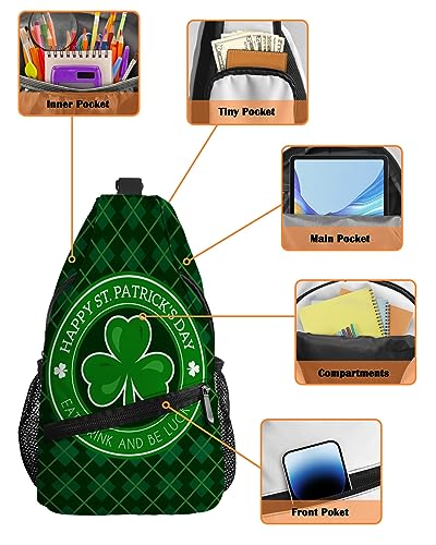 Sling Backpack, St Patrick Day Shamrock Green Checker Plaid Waterproof Lightweight Small Sling Bag, Travel Chest Bag Crossbody Shoulder Bag Hiking Daypack for Women Men