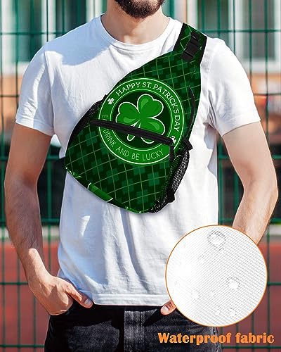 Sling Backpack, St Patrick Day Shamrock Green Checker Plaid Waterproof Lightweight Small Sling Bag, Travel Chest Bag Crossbody Shoulder Bag Hiking Daypack for Women Men