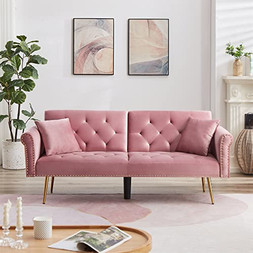 ERYE Futon Sofa Loveseat Convertible Sleeper Couch Bed for Small Space Apartment Office Living Room Furniture Sets Sofabed, Pink Velvet with 2 Pillows 5 Legs Nailhead Decor