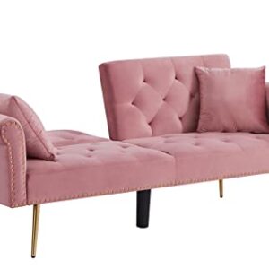 ERYE Futon Sofa Loveseat Convertible Sleeper Couch Bed for Small Space Apartment Office Living Room Furniture Sets Sofabed, Pink Velvet with 2 Pillows 5 Legs Nailhead Decor