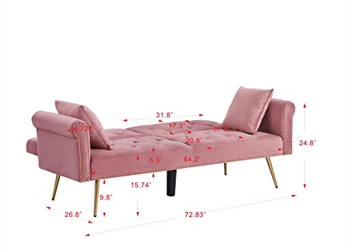 ERYE Futon Sofa Loveseat Convertible Sleeper Couch Bed for Small Space Apartment Office Living Room Furniture Sets Sofabed, Pink Velvet with 2 Pillows 5 Legs Nailhead Decor