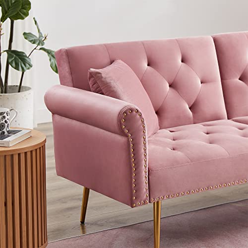 ERYE Futon Sofa Loveseat Convertible Sleeper Couch Bed for Small Space Apartment Office Living Room Furniture Sets Sofabed, Pink Velvet with 2 Pillows 5 Legs Nailhead Decor