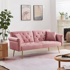 ERYE Futon Sofa Loveseat Convertible Sleeper Couch Bed for Small Space Apartment Office Living Room Furniture Sets Sofabed, Pink Velvet with 2 Pillows 5 Legs Nailhead Decor