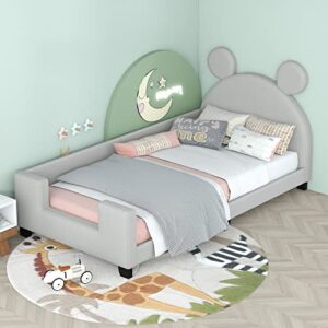 tartop upholstered twin daybed frame for kids, pu leather twin platform bed with carton ears shaped headboard, wood twin sofa bed for girls boys, no box spring needed,gray
