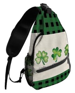 sling backpack, st. patrick's day lucky shamrock black and green buffalo plaid waterproof lightweight small sling bag, travel chest bag crossbody shoulder bag hiking daypack for women men