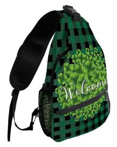 sling backpack, st. patrick's day lucky green clover leaves green plaid waterproof lightweight small sling bag, travel chest bag crossbody shoulder bag hiking daypack for women men