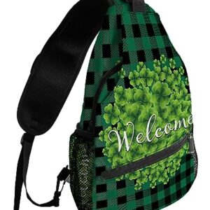 Sling Backpack, St. Patrick's Day Lucky Green Clover Leaves Green Plaid Waterproof Lightweight Small Sling Bag, Travel Chest Bag Crossbody Shoulder Bag Hiking Daypack for Women Men