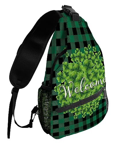 Sling Backpack, St. Patrick's Day Lucky Green Clover Leaves Green Plaid Waterproof Lightweight Small Sling Bag, Travel Chest Bag Crossbody Shoulder Bag Hiking Daypack for Women Men