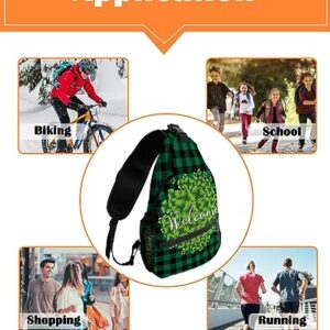 Sling Backpack, St. Patrick's Day Lucky Green Clover Leaves Green Plaid Waterproof Lightweight Small Sling Bag, Travel Chest Bag Crossbody Shoulder Bag Hiking Daypack for Women Men